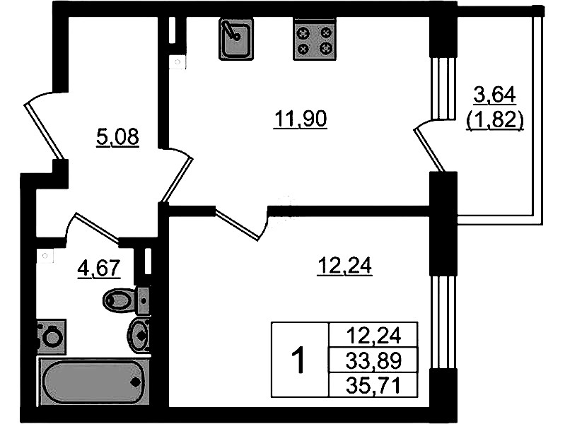 1-комнатная квартира 35.71 м², 2/4 эт., ЖК «Новая история»
